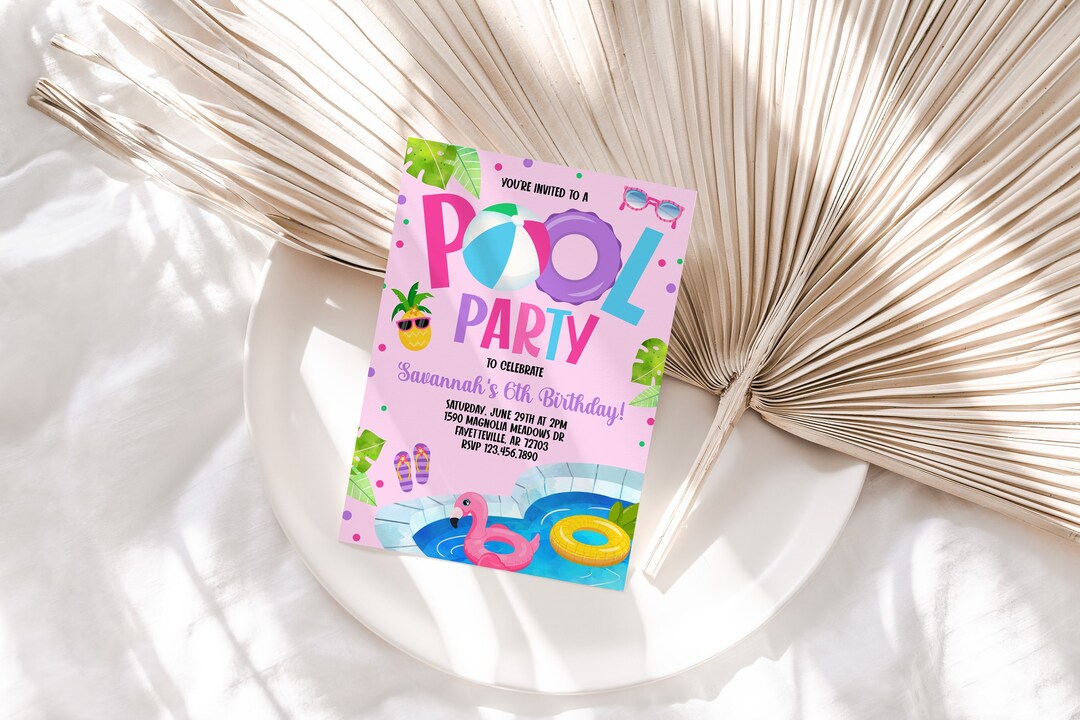Editable Pool Party Invitation Tropical Girly Birthday Pool Party ...