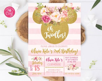 Editable Minnie Mouse Floral Birthday Invitation Oh Twodles 2nd Birthday Boho Floral Minnie Mouse Invite Pink and Gold Invite Template 1028