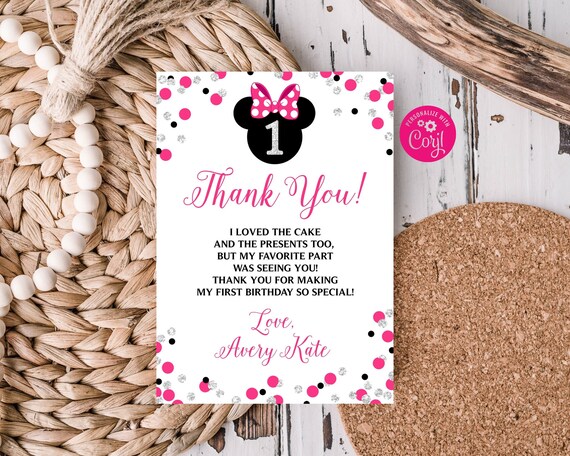 Editable Minnie Mouse Thank You Card Minnie Mouse Birthday | Etsy