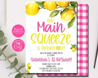 Editable Lemon Main Squeeze Birthday Invitation, Main Squeeze, Lemonade Birthday Invitation, Lemons, Pink and Yellow, Template 1070