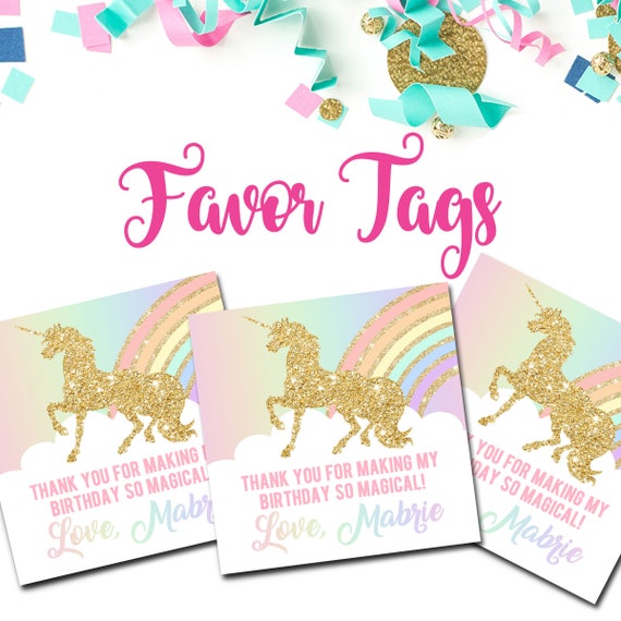 10 X ARCO IRIS UNICORNIO personalizado gracias a favor Fiesta Etiquetas Fiesta Favores