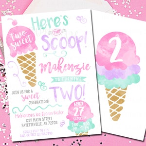 Ice Cream Invitation, Here's the Scoop Invitation, Ice Cream Party, Two Sweet, Ice Cream Birthday, Invitation, 2nd Birthday Printable 5x7