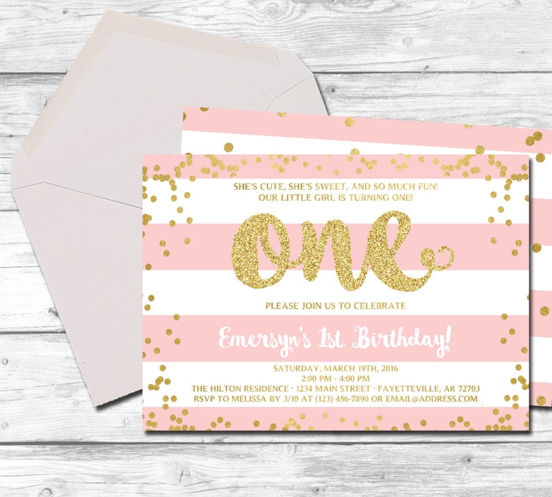 First Birthday Invitation, 1st Birthday Invitation, Birthday Invite, Pink and Gold, Blush Pink, Gold Faux Glitter, Printable 5x7 image 2