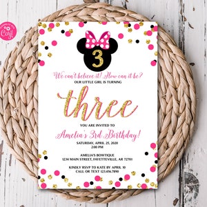 Editable Minnie Mouse Invitation, Minnie Mouse Birthday, Birthday Invitation, Invitation, Birthday, Pink and Gold , 3rd Birthday Invite MM2