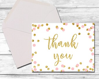 Thank You Note Cards, Thank You Notes, Thank You Cards, Thank Yous, Pink and Gold, Confetti, Thank You Note, Printable