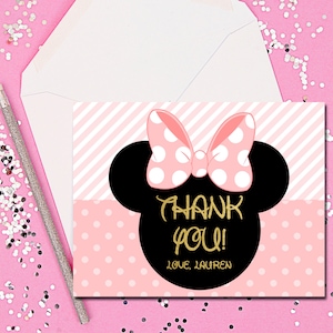Minnie Mouse bedankkaarten, bedankbriefjes, bedankkaartjes, roze en goud, Minnie Mouse, afdrukbaar 5,5x4,25