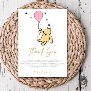 Note de remerciement modifiable Winnie l'ourson rose Carte de remerciement rose Winnie l'ourson Baby Shower Girl Merci modèle classique Winnie l'ourson 1027