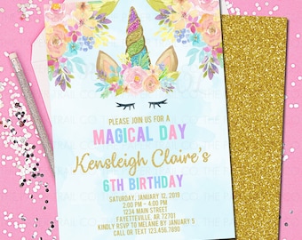 Unicorn Birthday Invitation, Unicorn Invitation, Rainbow, Unicorn Party, Printable Invitation, Gold, Birthday, Invitation, Floral, 5x7