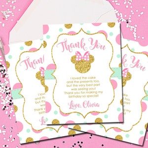 Tarjetas de agradecimiento, tarjetas de agradecimiento de Minnie Mouse, Minnie Mouse, Disney, rosa y oro, notas de agradecimiento rosa y oro, imprimibles