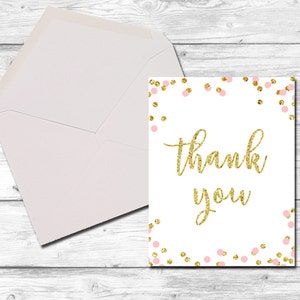 Tarjetas de notas de agradecimiento, notas de agradecimiento, tarjetas de agradecimiento, gracias, rosa y oro, confeti, nota de agradecimiento, imprimible