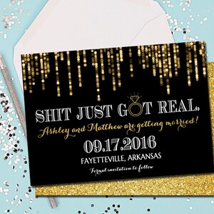 Lustig Save the Date, Shit Just Got Real Save the Date Karte, schwarz und Gold, Verlobung, Hochzeit, Einladung, Printable 5x7