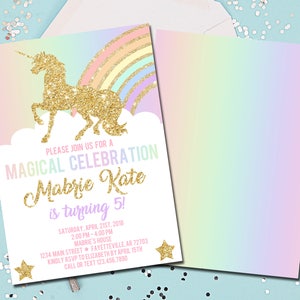 Unicorn Birthday Invitation, Unicorns, Birthday Invitation, Birthday, Invitation, 1st Birthday, Rainbow, Gold, Printable 5x7