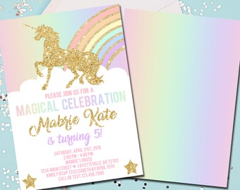 Unicorn Birthday Invitation, Unicorns, Birthday Invitation, Birthday, Invitation, 1st Birthday, Rainbow, Gold, Printable 5x7