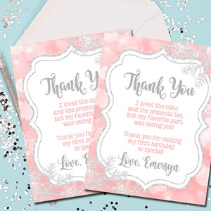 Cartões de agradecimento Winter ONEderland, cartões de agradecimento rosa e prata, notas de agradecimento, flocos de neve, obrigado, rosa e prata, flocos de neve