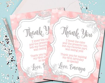 Winter ONEderland Thank You Cards, Pink and Silver Thank You Cards, Thank You Notes, Snowflakes, Thank You, Pink and Silver, Snowflakes