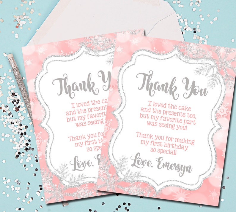 Winter ONEderland Thank You Cards, Pink and Silver Thank You Cards, Thank You Notes, Snowflakes, Thank You, Pink and Silver, Snowflakes image 1