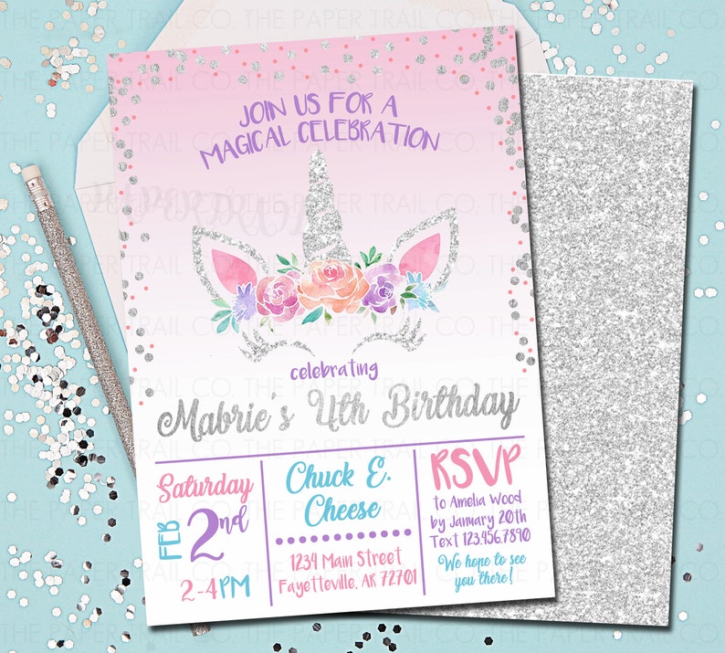 Unicorn Birthday Invitation, Unicorns, Birthday Invitation, Unicorn Party, Silver, Unicorn Invitation, Printed Invitations, Printable 5x7 image 1