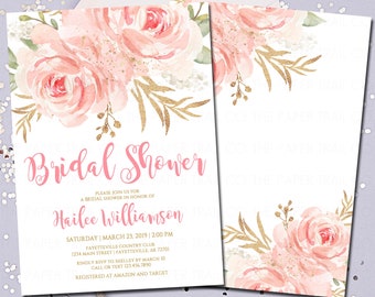 Blush Bridal Shower Invitation, Blush and Gold, Bridal Shower Invite, Wedding Shower, Floral, Gold, Printed Invitations, Pink, Printable 5x7
