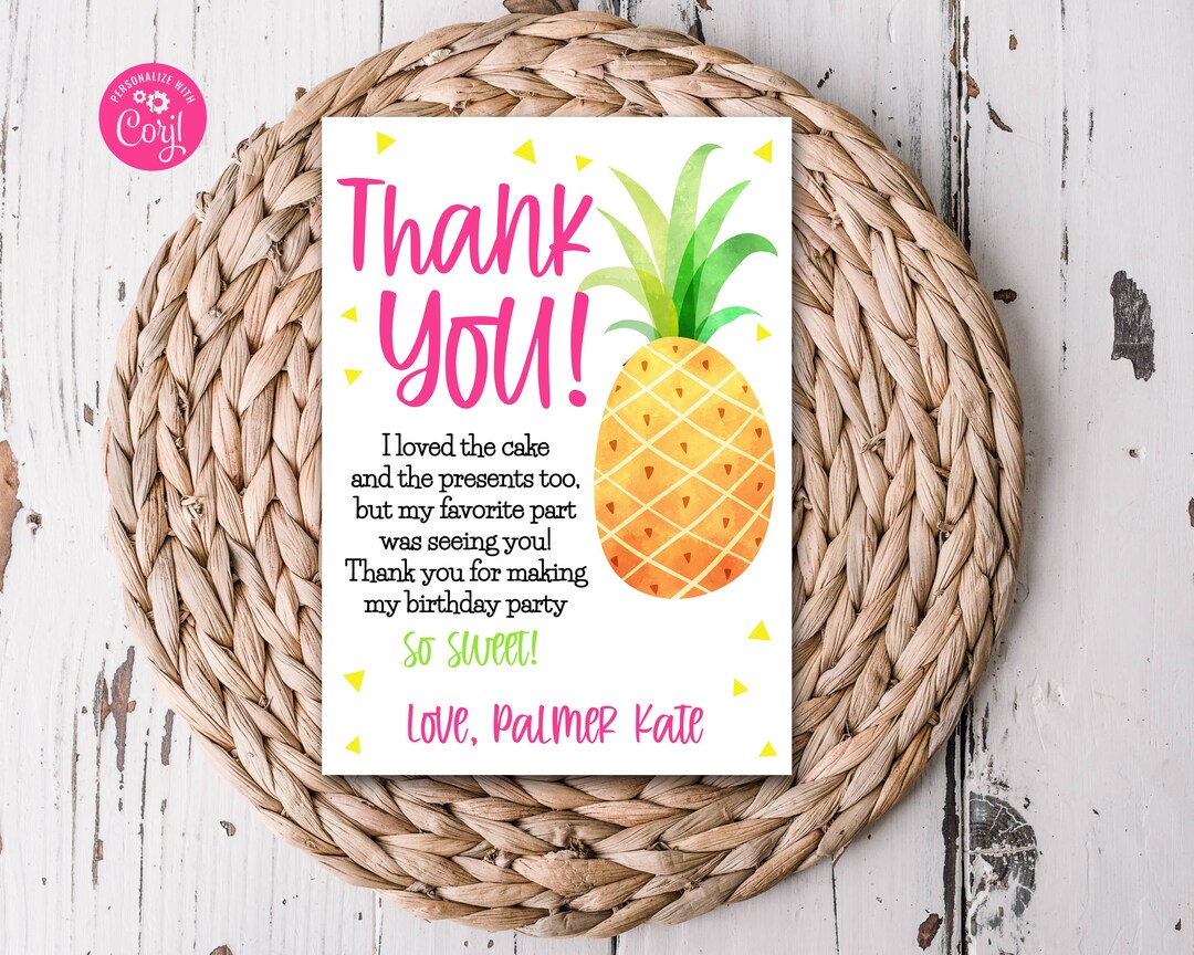 Editable Pineapple Thank You Card Pineapple Birthday Thank You Note
