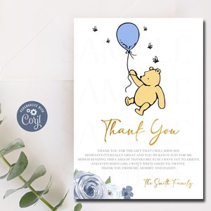 Modifiable Winnie l'Ourson Merci Note Carte de remerciement Winnie l'Ourson Baby Shower Merci Modèle Pooh classique 1027