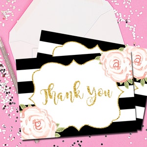 Notas de agradecimiento, Tarjetas de agradecimiento, Negro y oro Gracias, Cumpleaños, Invitaciones, Floral, Acuarela, Imprimible
