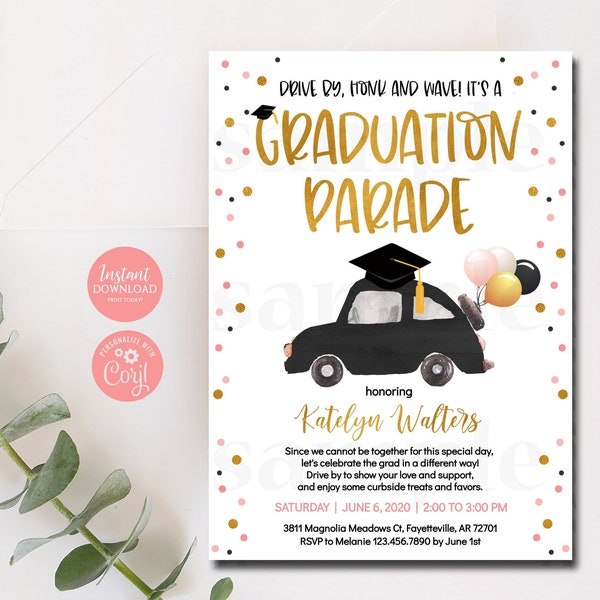 Editable Graduation Parade Invitation, Drive By Graduation Parade Party Invitation, Graduation, Black and Gold, Corjl Template 1121