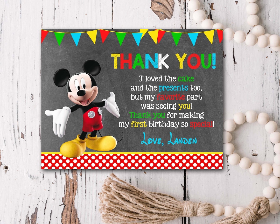 Mickey Mouse Thank You Card, Mickey Mouse Thank You Note