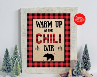Chili Bar Sign Food Sign Lumberjack Bear Buffalo Plaid Red Black Lumberjack Party Decorations Table Sign 8x10 Instant Download LMB5