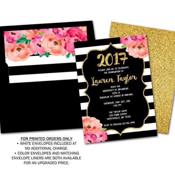 graduation graduation invitation graduation announcement black and gold floral pink gold college high school printable 5x7 no photo graduation announcements
