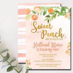 Peach Birthday Invitations, Sweet as a Peach, Peach 1st Birthday, First Birthday, Girl Birthday Invitations, Peaches, Size 5x7 - 1107
