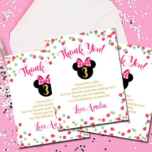 Cartes de remerciement, Cartes de remerciement Minnie Mouse, Minnie Mouse, Disney, Rose et Or, Notes de remerciement roses et dorées, Imprimables