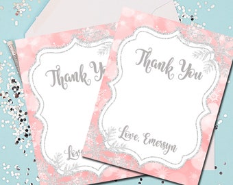 Winter ONEderland Thank You Cards, Pink and Silver Thank You Cards, Thank You Notes, Snowflakes, Thank You, Pink and Silver, Snowflakes