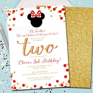 Minnie Mouse uitnodiging, Minnie Mouse verjaardag, verjaardagsuitnodiging, uitnodiging, verjaardag, rood en goud, 2e verjaardag, afdrukbare 5x7 - MM8