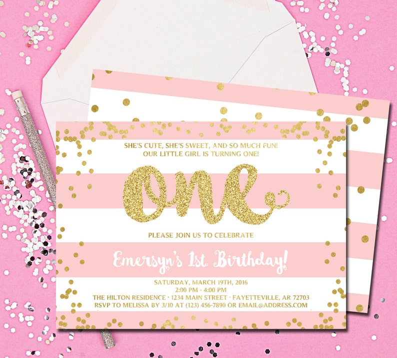 First Birthday Invitation, 1st Birthday Invitation, Birthday Invite, Pink and Gold, Blush Pink, Gold Faux Glitter, Printable 5x7 image 1