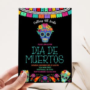 Invitación editable para fiesta del Día de los Muertos con calaveras de azúcar y flores mexicanas, tamaño 5 x 7 - DD1