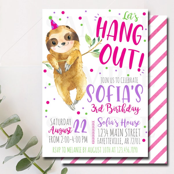 Sloth Birthday Invitation, Sloth Birthday Girl Invitation, Let's Hang Out, Sloths, Pink Purple, Girl Birthday Party, Sloth Invitation 5x7