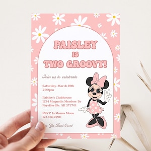 Editable Groovy Minnie Invitation Two Groovy Retro Daisy Minnie Mouse Invitation Girl 2nd Birthday Minnie Party Size 5x7 Template - GM20