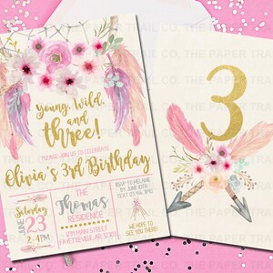 Giovane selvaggio e tre, invito per il 3° compleanno, acchiappasogni, compleanno tribale, invito di compleanno, invito, Boho, tribale, dimensione 5x7 1105