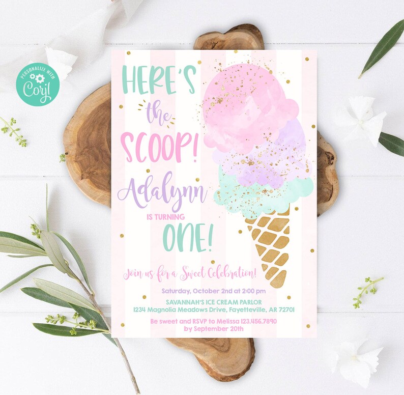 Editable Ice Cream Birthday Invitation Heres the Scoop Ice Cream Party Birthday Invitation Two Sweet 1st Birthday Invite