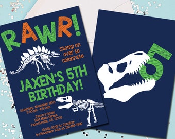 Dinosaur Birthday Invitation, Dinosaurs, Dinosaur Invitation, Navy Green Orange, Rawr, Boy Birthday Invitation, Printable 5x7