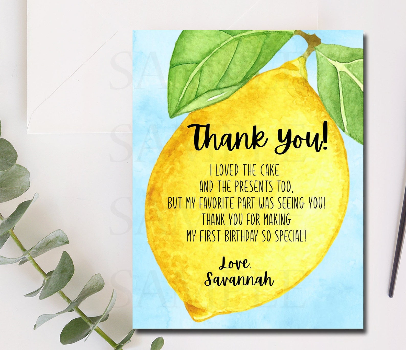 Lemonade Thank You Note Birthday Thank You Card Lemon Thank Etsy