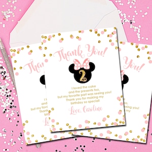 Tarjetas de agradecimiento, Tarjetas de agradecimiento de Minnie Mouse, Minnie Mouse, Disney, Rosa y oro, Notas de agradecimiento rosas y doradas, Imprimibles