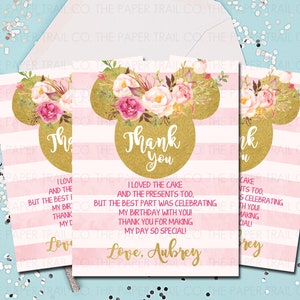 Minnie Mouse Bedankkaarten, Bedankbriefjes, Bedankt, Roze en Goud, Minnie Mouse, Wild Minnie, Boho Minnie, 5.5x4.25