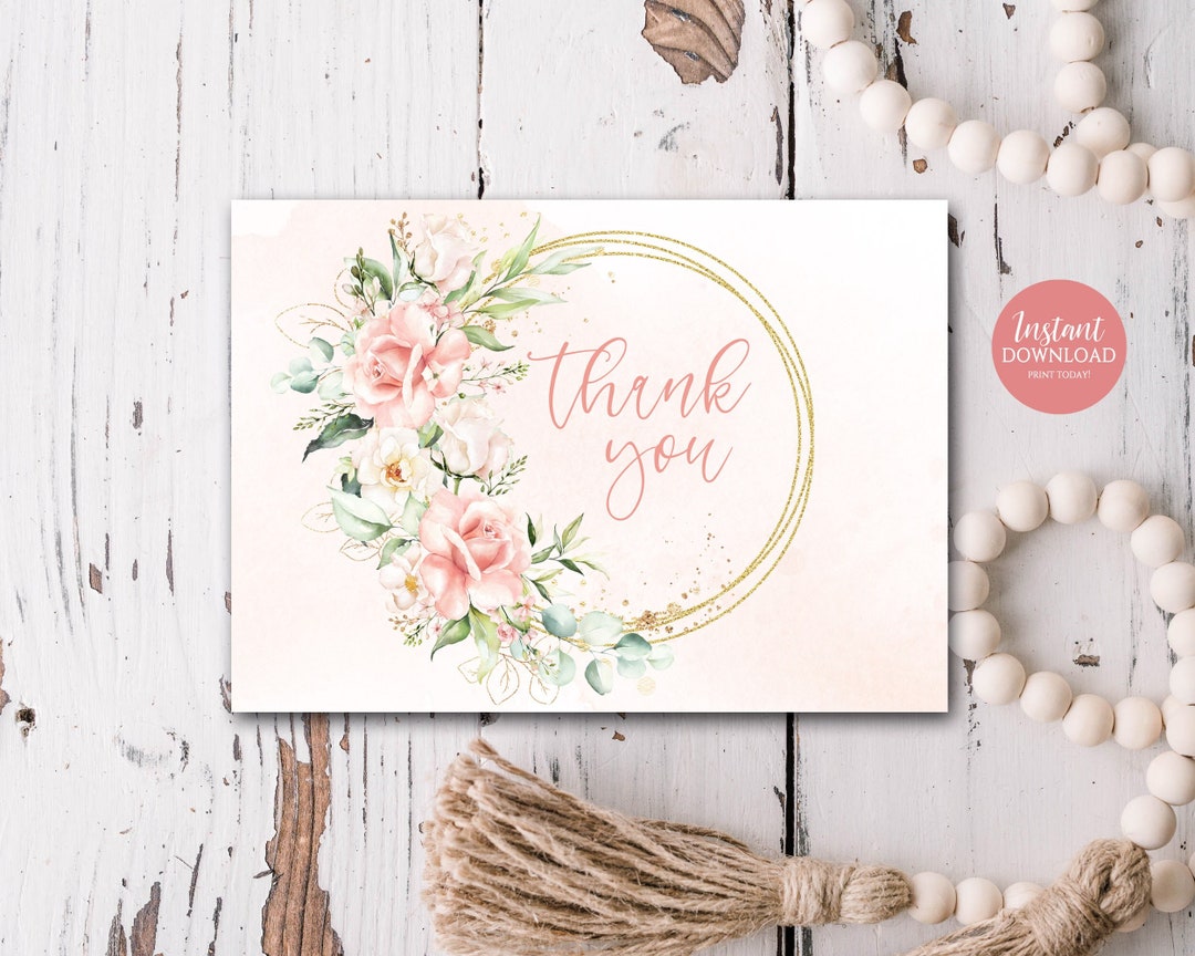 Instant Download Blush Pink Floral Thank You Note Thank You Card ...