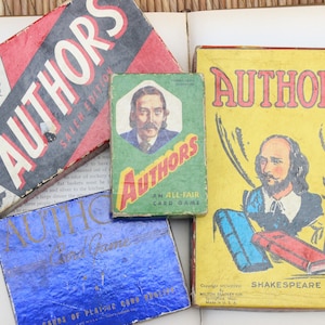 May include: Four vintage game boxes for the card game "Authors". The boxes are red, green, blue, and yellow with images of famous authors, including Shakespeare. The text on the boxes reads "Authors" and "An All-Fair Card Game".