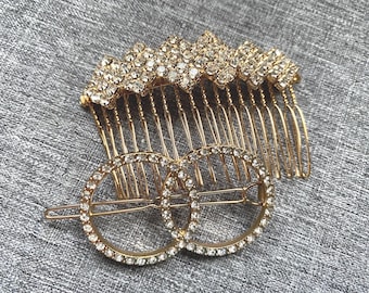Vintage Bridal, Gold, Hair, Comb, Barrette, Crystals, Special Occasions, Prom