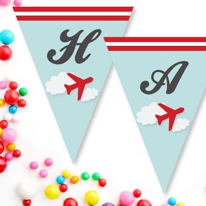 Airplane Birthday Banner Printable – Red & Blue Pennant Party Decor – Instant Download for Kids’ Aviation-Themed Celebration