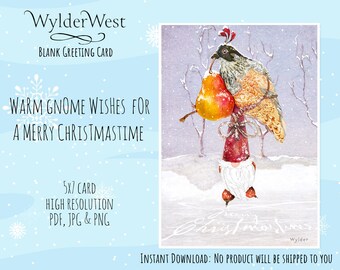 Blank Christmas card  Gnome takes a partridge for a spin on the ice