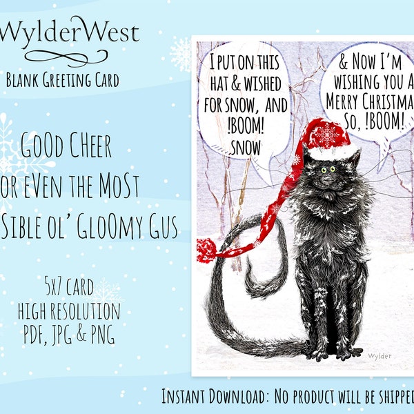 Blank Christmas card features a cat with a magical hat and merry Christmas wish