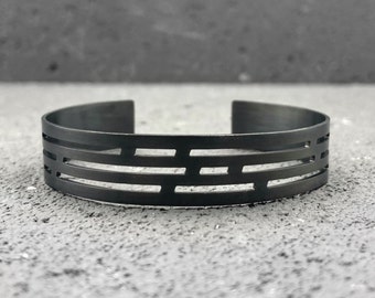 Wide 925 sterling silver cuff bracelet plated with black rhodium, edgy abstract lines adjustable bracelet, unique modern design jewelry